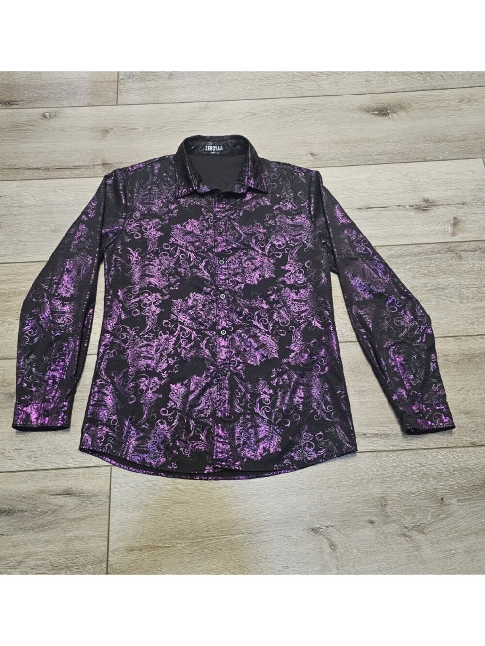 Zeroyaa Button Up Shirt Mens L Black Metallic Purple Paisley Print Long Sleeve